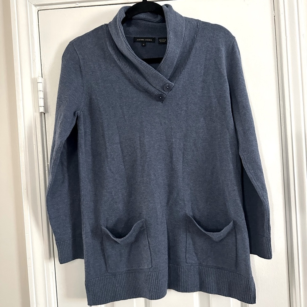 Jeanne Pierre Blue Cotton Tunic Sweater Cowl Neck Long Sleeved Women’s Sz Small